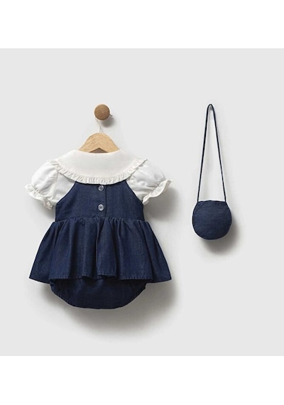 Ministok Cherry Nakış İşlemeli Gömlekli Çanta Aksesuarlı Kız Bebek Romper Lacivert