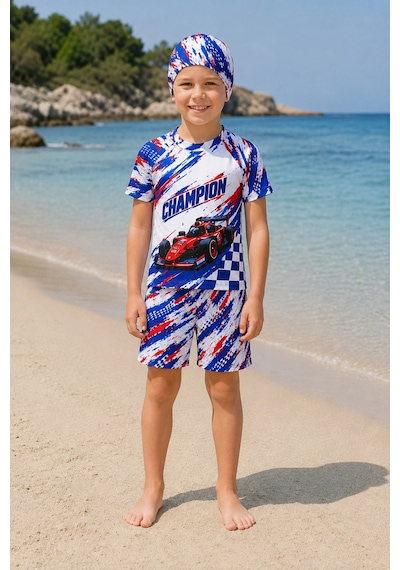 Rony Pony Kids Erkek Çocuk Yarış Arabası Desenli 3 Parça Mayo Takımı Tişört Şort Bone Lacivert Beyaz Rony Pony Kids Erkek Çocuk Yarış Arabası Desenli 3 Parça Mayo Takımı Tişört Şort Bone Lacivert Beyaz