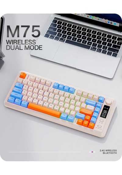 M75 Kablosuz 2.4ghz Kablosuz + Bt Çift Modlu Klavye Led Ekranlı Oyun Klavyesi İle Pbt Knob Rainbow