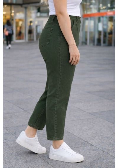 Cedy Denim Mom Fit Jean Büyük Beden Yüksek Bel Carrot Kesim Dar Paça Pileli Esnek Kot Pantolon C600 Haki