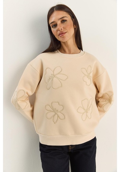 Shade Kadın Çiçek Eva Nakış Üç İplik Şardonlu Sweatshirt 60601046 - Bej