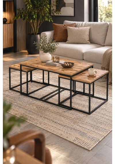 Sulorahome 4'lü Kahverengi Sehpa Seti - Atlantik Çam Desenli Ve Metal Ayaklı