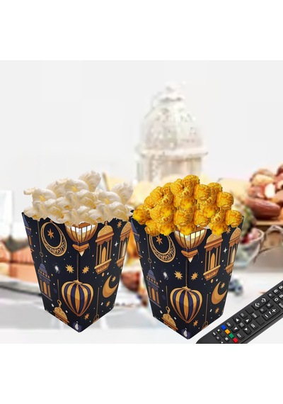6lı Ramazan Temalı Patlamış Mısır, Şeker Kutusu, Hediye Popcorn, İkram Kutusu, 6x6x11 Cm, Lacivert Lacivert