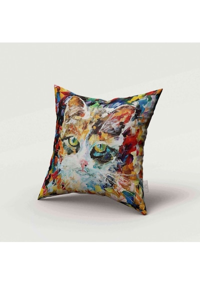 Kedi Art Baskılı Elyaf Dolgulu Kırlent Ve Kırlent Kılıfı İçi Dolu Beyaz