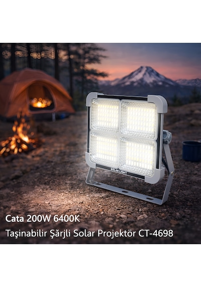 Cata Ct-4698 Solar Projektör 200w Şarjlı Led Projektör Ip65 3 Renk Modlu Dimmerli Işık