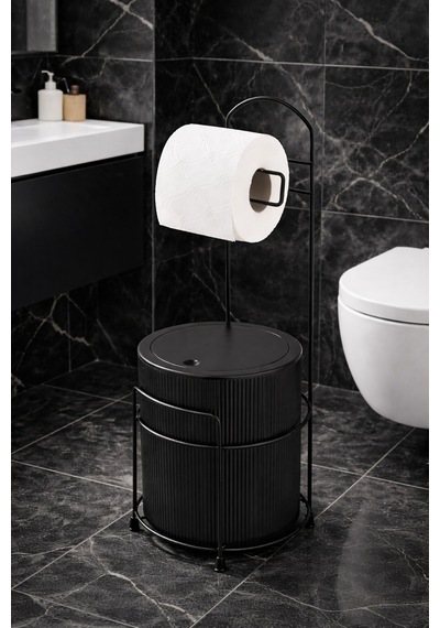 Ferforje Standlı Çöp Kovalı Tuvalet Kağıtlığı Metal Wc Lik Siyah Siyah