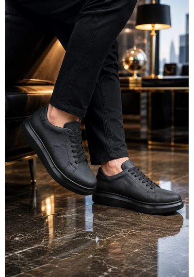 Mevese Tsoob Bağcıklı Cilt Erkek Günlük Rahat Taban Sneaker Ayakkabı - Siyah
