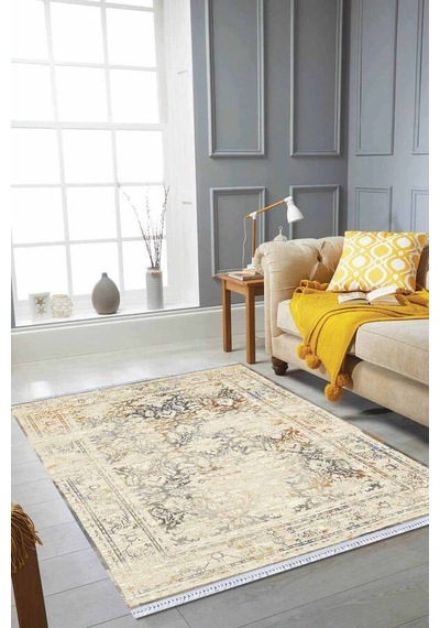 Krem Vintage Dokuma Pamuk Tabanlı Kaymaz Kilim Klm115n11