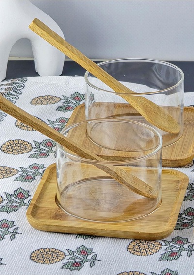 Borosilikat Cam Sufle Seti - Bambu Tabaklı 4lü Kase Takımı - 12 Parça - 250 Ml Cam