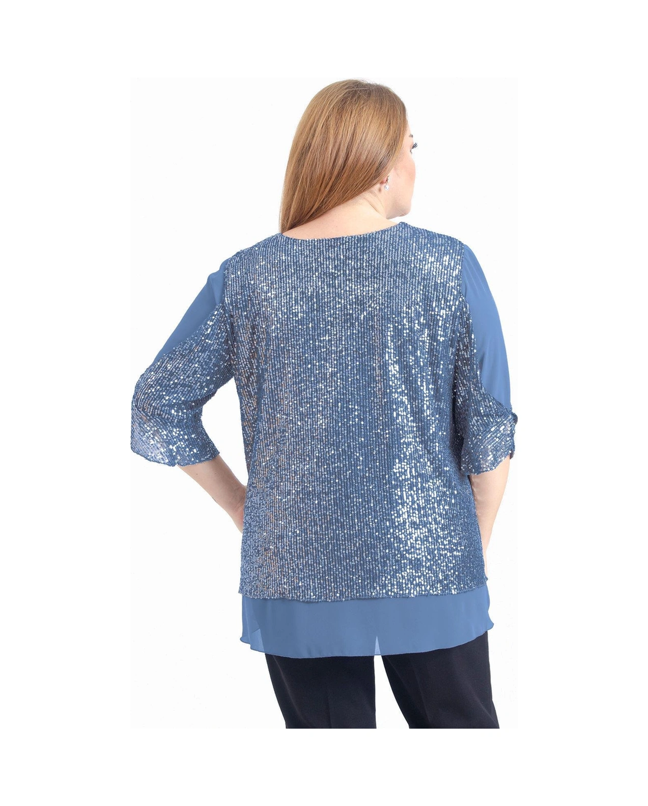 Lilas Xxl Büyük Beden İndigo Renkli Pul Payetli Şifon Bluz İndigo