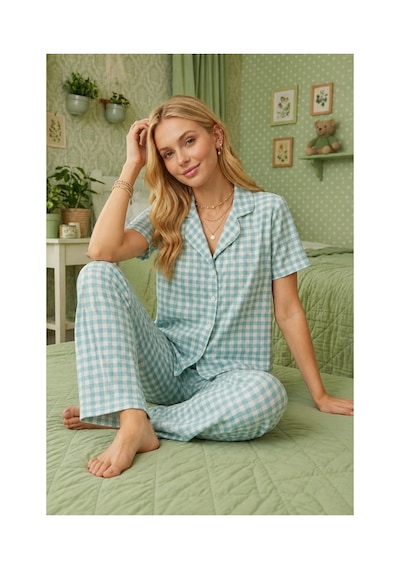 Fit Women Kare Desenli Bürümçük Kumaş Kısa Kollu Pijama Takımı 6065 Su Yeşili