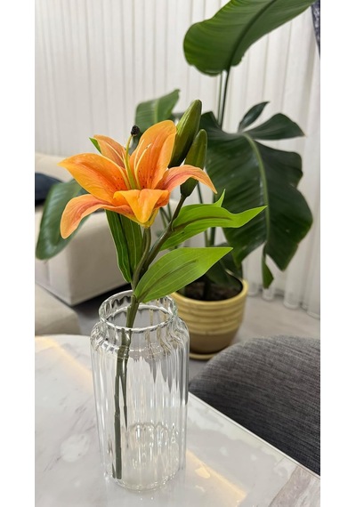 Yapay Lilyum Çiçeği, Turuncu, Tek Dal, 35 Cm, Premium Kalite Çok Renkli