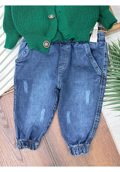 Bebicix Likralı Kot Pantolon Triko Hırkalı Badi 3'lü Erkek Bebek Takım Yesil