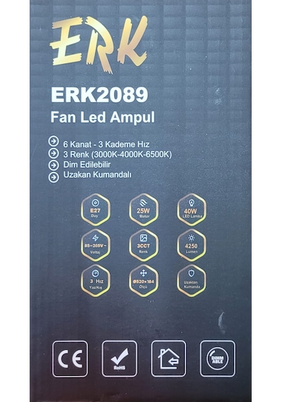 Erk E27 Duya Takılabilen Tavan Vantilatörü Kristal Ledli Kumandalı 6 Kanatlı 3 Renk Işıklı Fan 1
