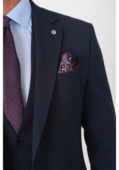Efor Slim Fit Çift Yırtmaç Esnek Yünlü Lacivert Yelekli Takım Elbise Tk 958