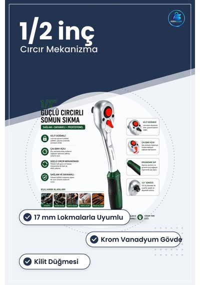 1/2 İnç Cırcır Somun Sıkma Kolu 17 Mm Krom Vanadyum Kaymaç Sap Ot