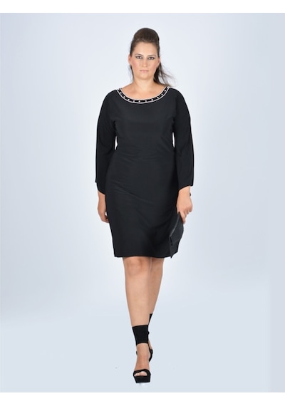 Nidya Moda Büyük Beden Yarasa Kol Elbise-4001S Siyah