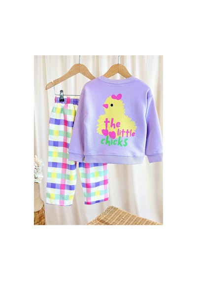 Toikids Kız Çocuk Desenli Sweatshırt Kareli Pantolon 2 Li Takım Çok Renkli