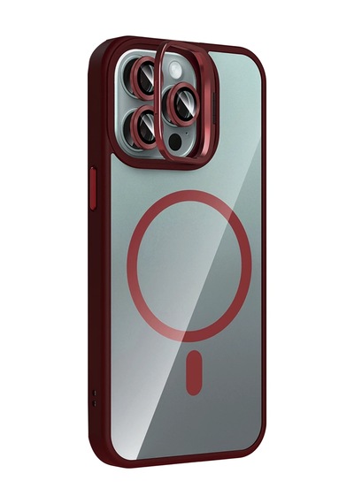 Mey İthalat Apple Uyumlu iPhone 14 Pro Max Remim Lensli Magsafe Standlı Kapak - Bordo