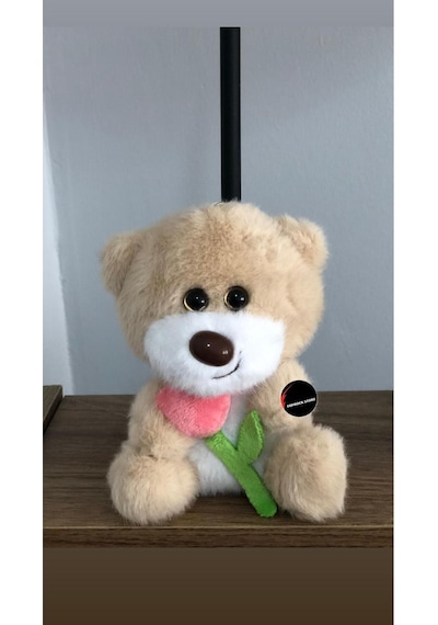 Sevimli Gül Tutan Ayıcık Peluş Oyuncak Anahtarlık Hediyelik Uyku Arkadaşı 15 Cm Bej