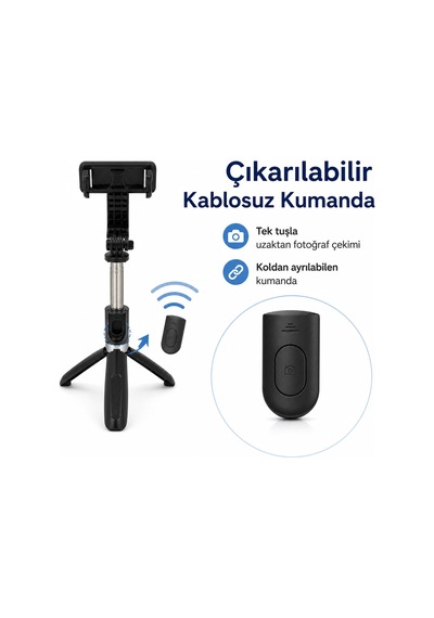 PELL L02 Bluetooth Kumandalı Tripod Selfie Çubuğu 100cm, 4 In 1 Kablosuz Monopod