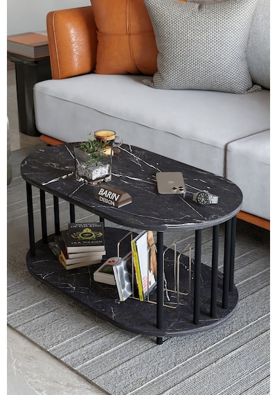 Modern Oval Orta Sehpa Çift Katlı Metal Ayaklı Salon, Ofis, Dekoratif Sehpa, Kahve Sehpası Siyah
