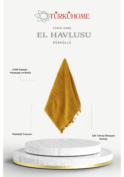 Püsküllü Yumuşak Pamuk Havlu Yüksek Emicili El Havlusu 50x90 Cm Sarı