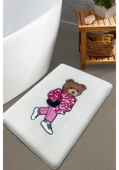 Boss Bear Ekru Tekli Nakışlı Banyo Paspası ,kaymaz Tabanlı 60x100cm Ekru-tekli