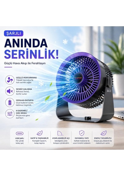 Masaüstü Vantilatör, Şarjlı Masaüstü Fan, 1200 Mah Batarya, Uzun Kullanım Süresi, 4 Kademeli Ayarlanır Güç M