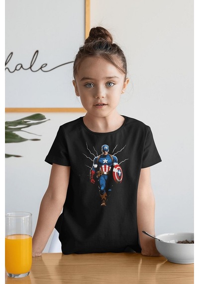 Sevbano Kaptan Amerika Baskılı Unisex Avengers Çizgi Film Çocuk Tişört 1 SIYAH