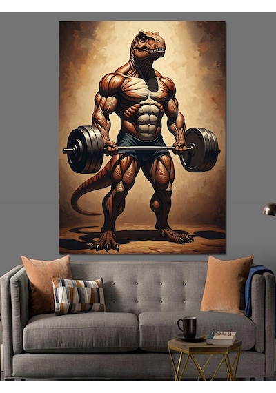 Ahşap Tablo Spor Yapan Kaslı Dinozor Figürü