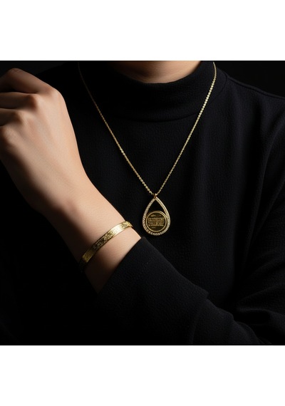 Armut Model Kolye Ve Ayetel Kürsi Bileklik Seti Gold Renk Çelik İslami Takı Altın