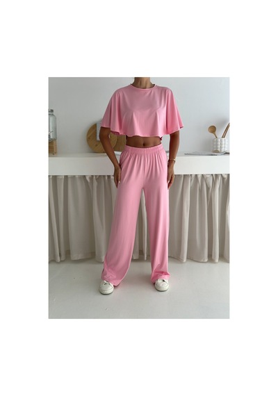 Gugus Yazlık Takım - Alt Üst Kadın Dokulu Kumaş -baggy Pantolon + Salaş Üst Pembe