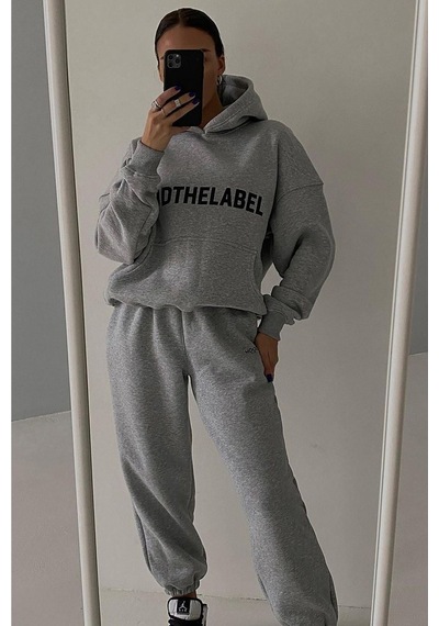 Mood The Label Kışlık Eşofman Takımı - Gri Baskılı Kapüşonlu Oversize Şardonlu Gri