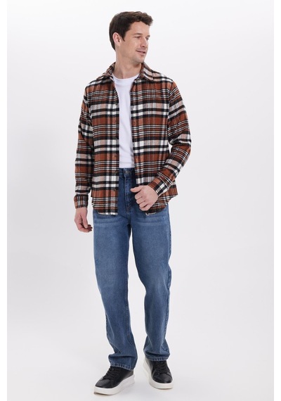 Tudors Erkek Slim Fit Dar Kesim Kareli Kışlık Oduncu Gömlek-42200 Kahverengi