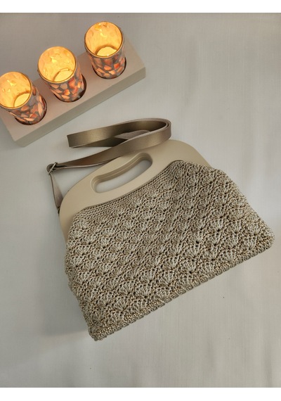 Fikriharika Design Bej ,ahşap Burslu, Işıltılı, Kadın El Çantası