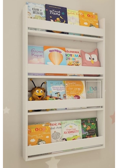 Montessori Çocuk Kitaplığı 4 Raflı Duvar Tipi Beyaz Kitaplık - Eğitici Tasarım