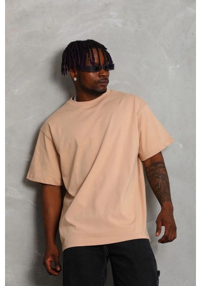 Erkek Düz Yazlık Kısa Kol Tişört Bisiklet Yaka Oversize T-shirt - Bej