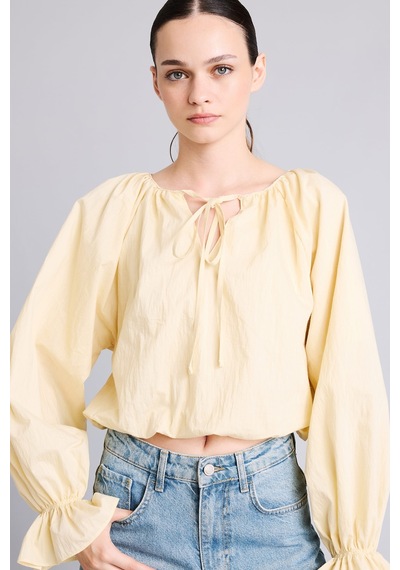Defacto Regular Fit Büzgülü Balon Kollu Crop Poplin Basic Bluz I4684ax26aubg355 Bej-bg355