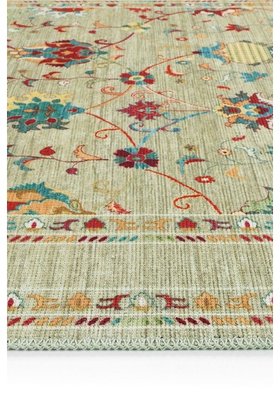 Cool Halı Happy Zeytin Yeşili Halı Çiçekli Vintage Kaymaz Otantik Modern Salon Oturma Odası Halısı Yeşil