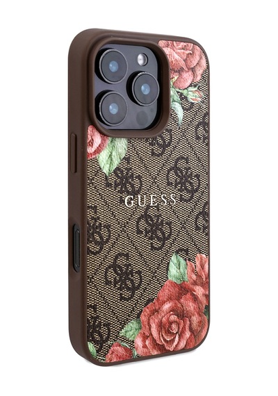Apple Uyumlu iPhone 16 Pro Kılıf Guess Lisanslı Magsafe Şarj Özellikli Gül Baskılı Yazı Logolu Kapak Kahverengi
