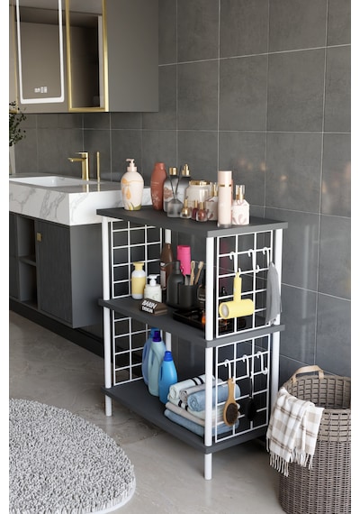 3 Raflı Çevir Tak Beyaz Telli Metal Gövdeli Çok Amaçlı Banyo Rafı Ve Organizer Raf Banyo Dolabı Antrasit