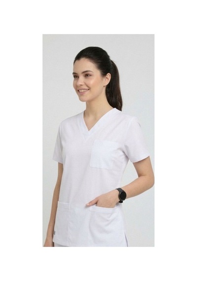 Tek Üst Beyaz Unisex Doktor Ve Hemşire Forması Scrubs Likralı Yarasa Kol