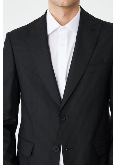 Siyah İnce Çizgili Modern Slim Fit Klasik Yaka Takım Elbise Desenli