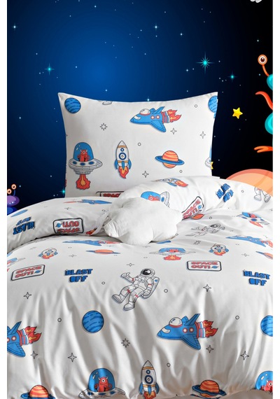Eponj Home Tek Kişilik Pamuklu Nevresim Takımı 3 Parça Space Desen Beyaz / Yumuşak Dokulu Beyaz