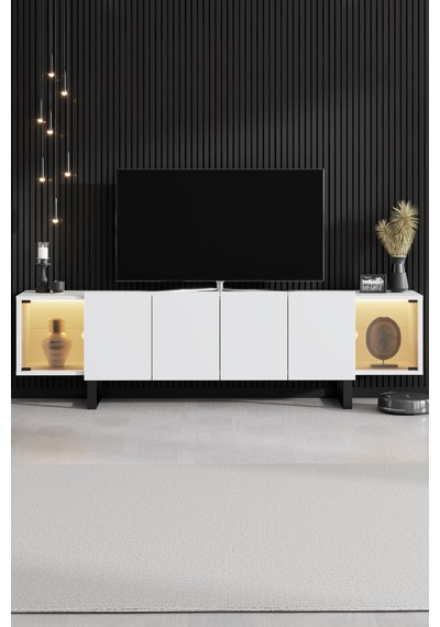 Zenit Siyah Demir Ayaklı Rgb Led Işık Sistemli Beyaz Tv Ünitesi Tv Sehpası Beyaz - Siyah