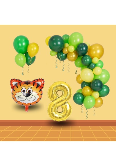 8 Yaş Safari Temalı Folyo Kaplan Yeşil Sarı Gold Balonlar Gold Rakam Doğum Günü Süsü Sarı - Yeşil