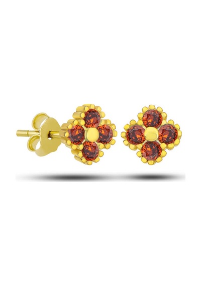 Gümüş Gold Yonca Çivili Kırmızı Taşlı Çocuk Küpe