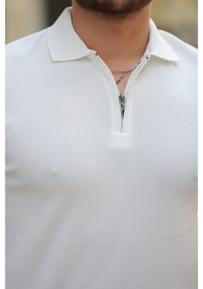 Erkek Fermuarlı Yakalı Kısa Kollu Tshirt Beyaz