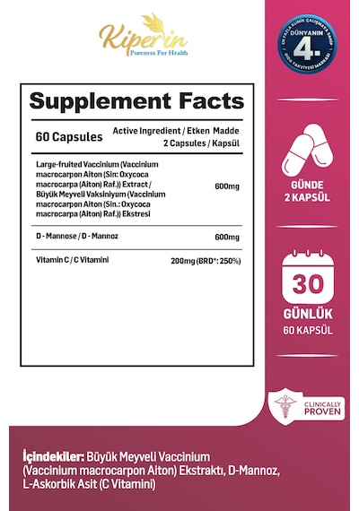 Kiperin Cranberry D-mannoz Vitamin C 60 Kapsül